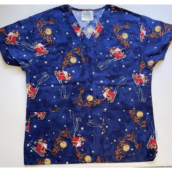Christmas Scrub Top Crest Cottons Santa Sleigh Women's Scrub Top Size M - Picture 1 of 6